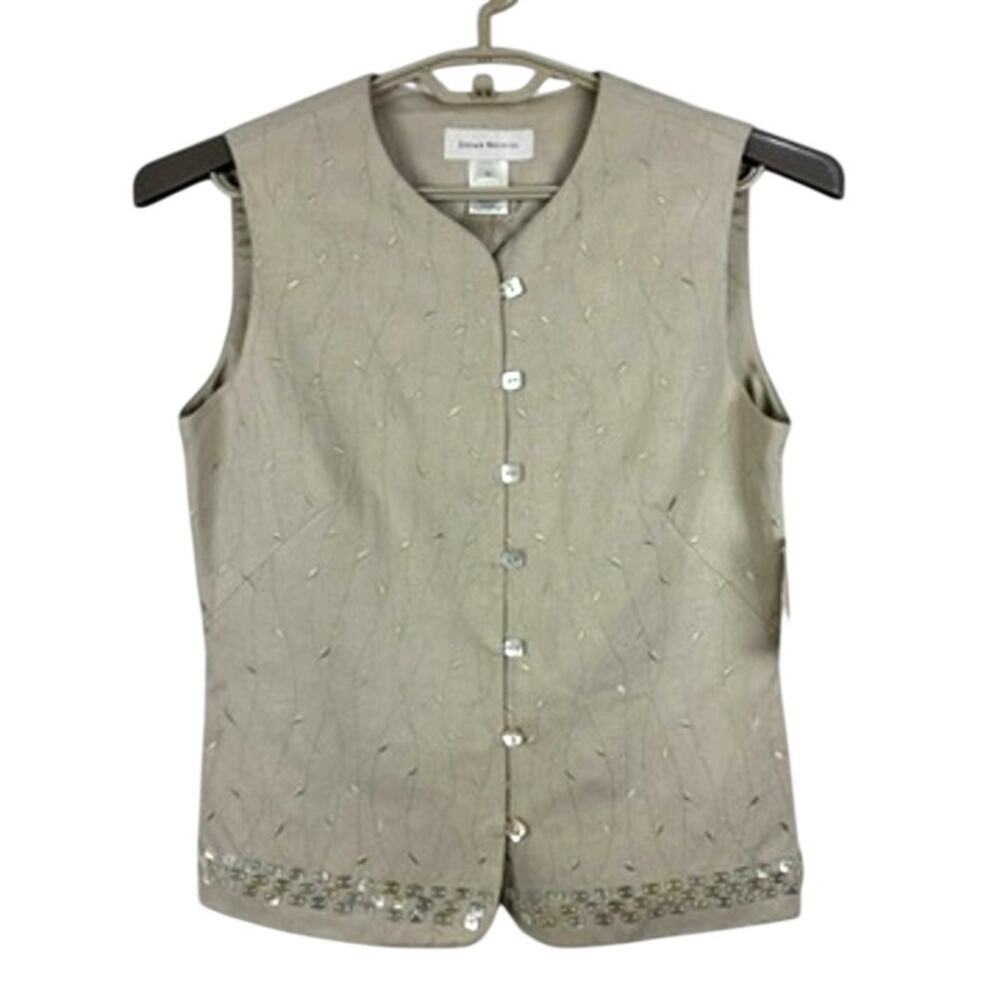 Susan Bristol Vest NEW 10 Beige Linen Blend Mother of Pearl beaded *flaw